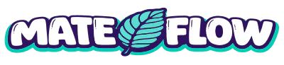 El logotipo reza «mate flow» en letras blancas en negrita con un contorno azul, lo que refleja a la perfección el espíritu vibrante de Medellín. Una hoja estilizada de color azul y verde azulado, inspirada en la yerba mate, sustituye ingeniosamente a la letra «O» de «MATE».