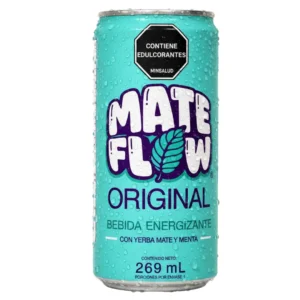 A cold MATE FLOW Original can from Medellin, a refreshing yerba mate soda providing energia natural in a 269ml size with condensation droplets.