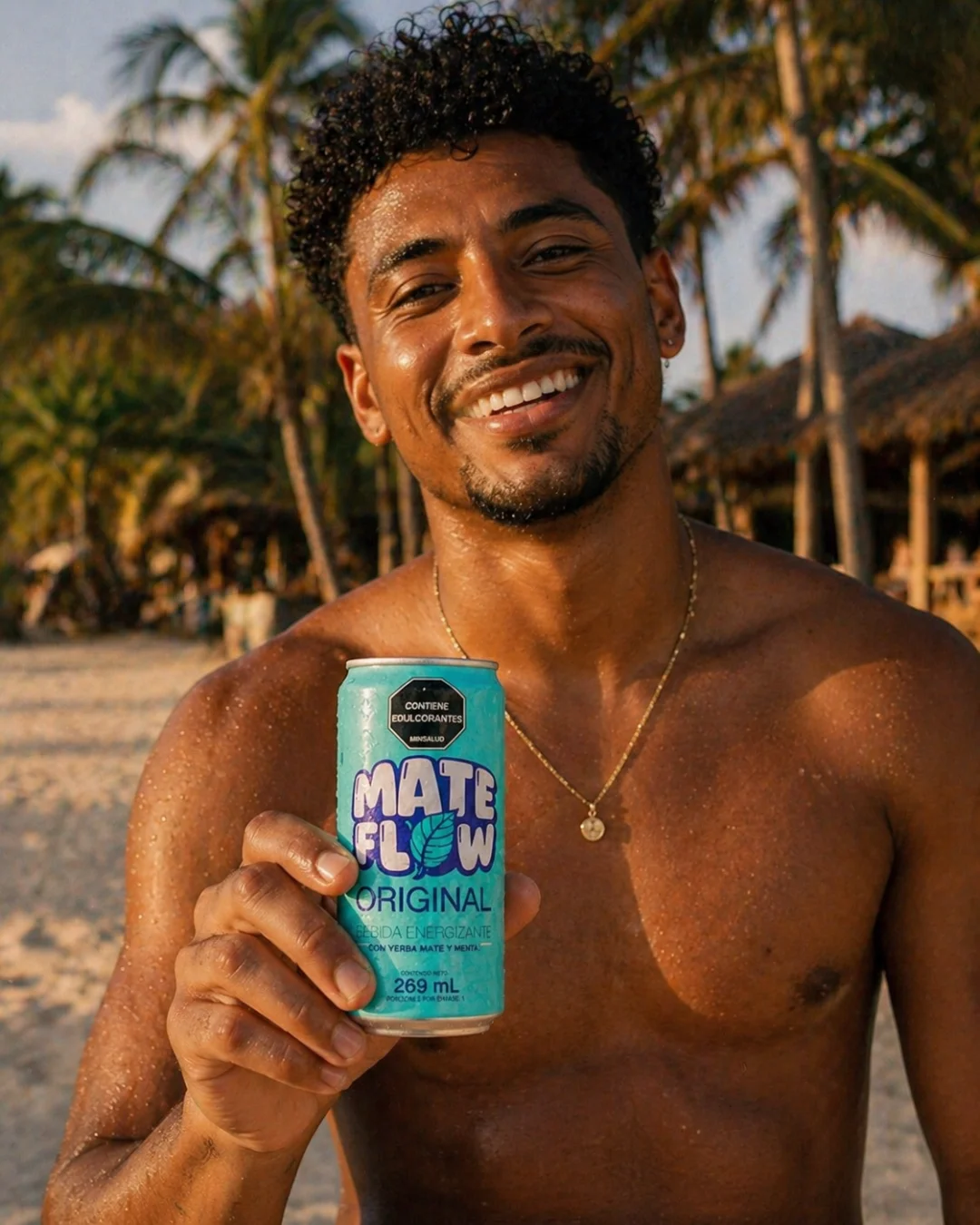 Hombre disfrutando MATE FLOW en la playa