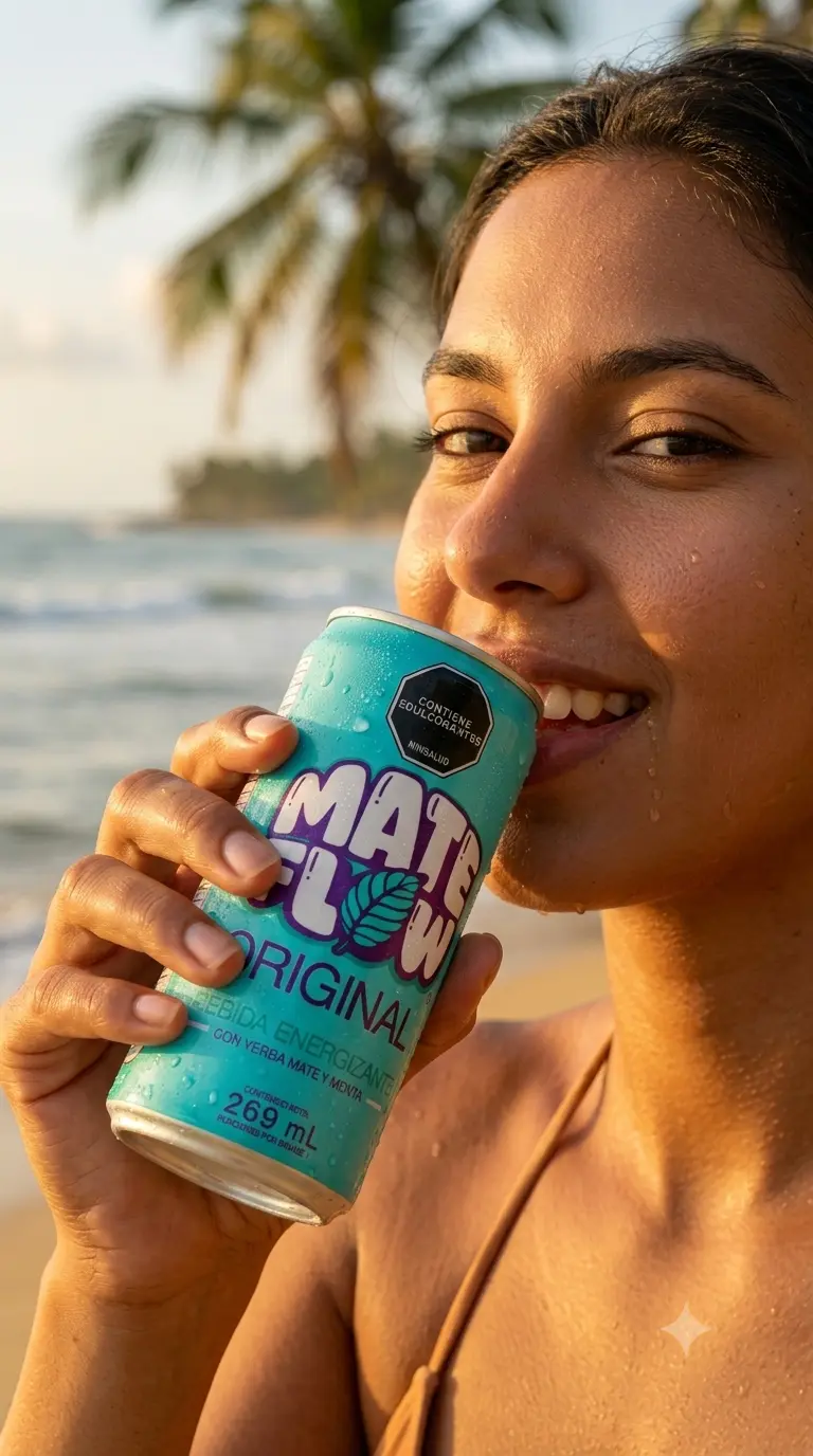 Mujer sonriente disfruta de una refrescante lata de Yerba Mate Soda MATE FLOW Original en una playa tropical al atardecer.