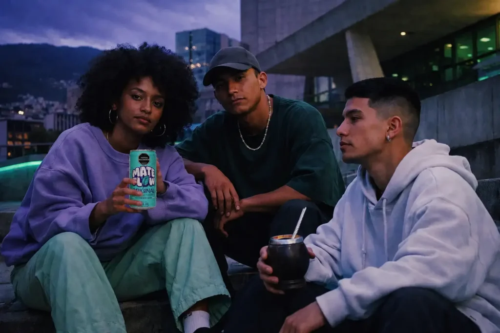 Tres jóvenes están sentados en unas escaleras al aire libre al atardecer; uno sostiene una lata con la etiqueta «MATE FLOW» y otro, un mate con una bombilla. Al fondo se ven los edificios y las luces de la ciudad de Medellín.