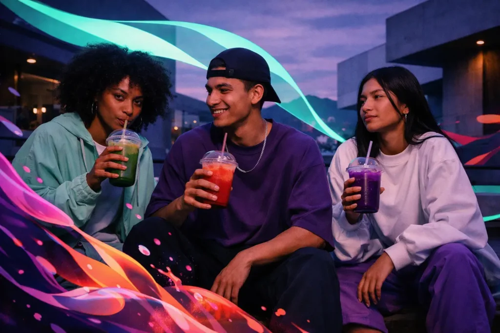Tres jóvenes universitarios disfrutan de bebidas energéticas saludables con Yerba Mate Soda MATE FLOW en un entorno urbano de Medellín al atardecer.