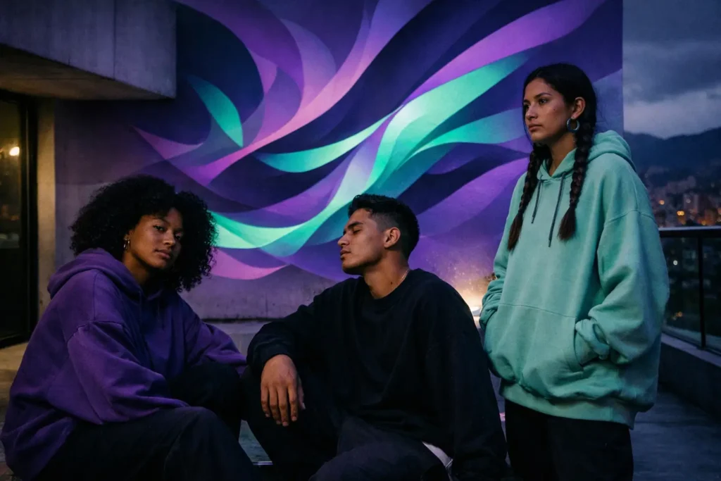 Jóvenes concentrados en un entorno urbano de Medellín, representando la energía y el enfoque mental que aporta MATE FLOW.