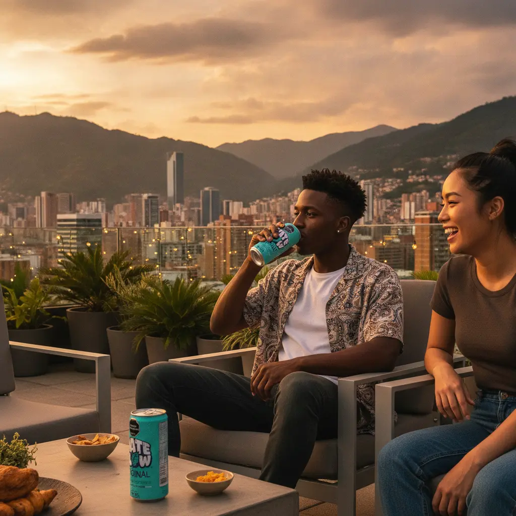 Jóvenes disfrutan de una refrescante yerba mate soda MATE FLOW en una terraza con vista panorámica de Medellín al atardecer.