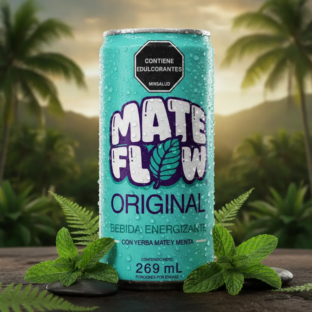 Lata fría de MATE FLOW Original rodeada de hojas de menta, helechos y naturaleza, destacando sus ingredientes naturales.