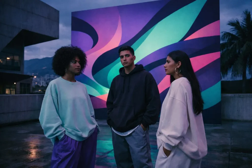 Tres personas vestidas con ropa informal están de pie al aire libre, frente a un gran mural abstracto y colorido con curvas verdes, moradas y rosas, manteniendo una conversación seria al atardecer; quizá estén hablando de cómo convertirse en una «guía de energía funcional equilibrada». MATE FLOW - energía natural