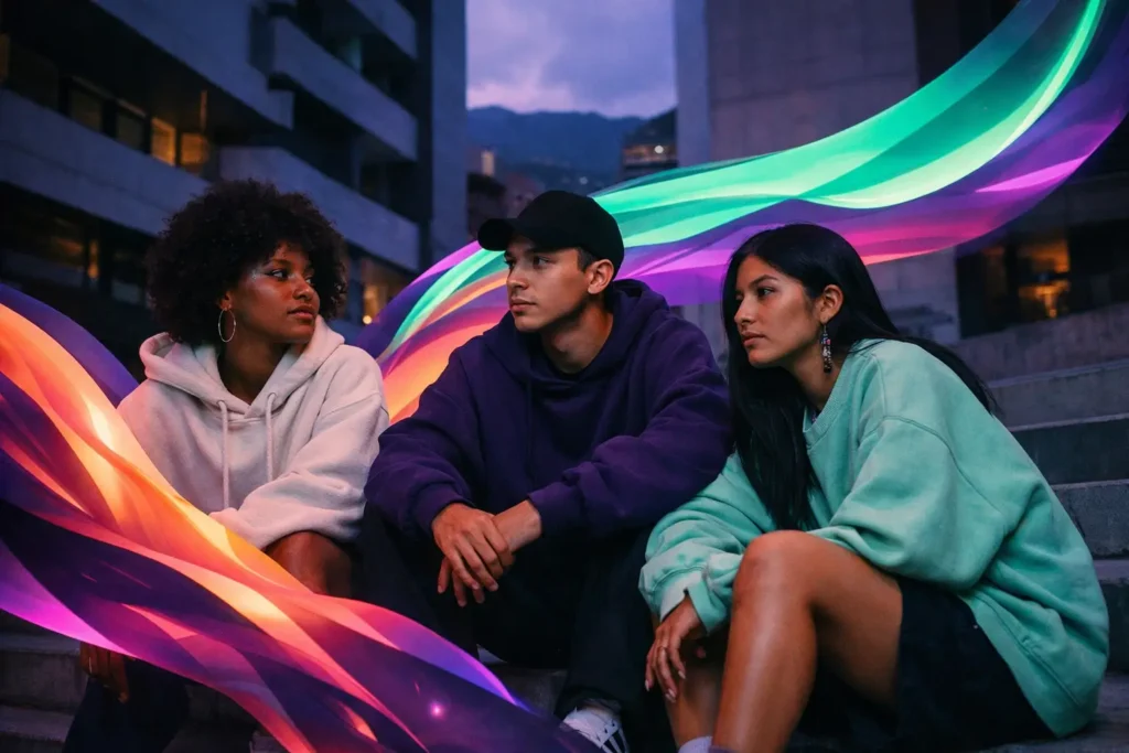 Tres jóvenes estudiantes de estilo urbano en Medellín representan la energía y el enfoque mental que necesitan para estudiar con MATE FLOW.
