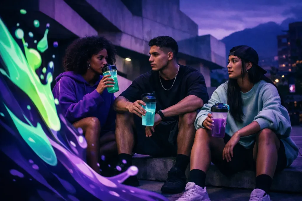 Tres jóvenes atletas descansando con bebidas pre-entreno naturales MATE FLOW en una zona urbana de Medellín.
