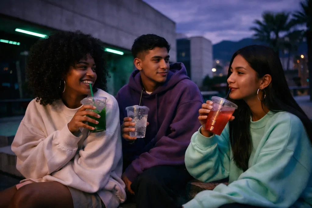 res jóvenes disfrutan de bebidas saludables y sin azúcar para mantener su ritmo diario con la energía limpia de MATE FLOW en Medellín.