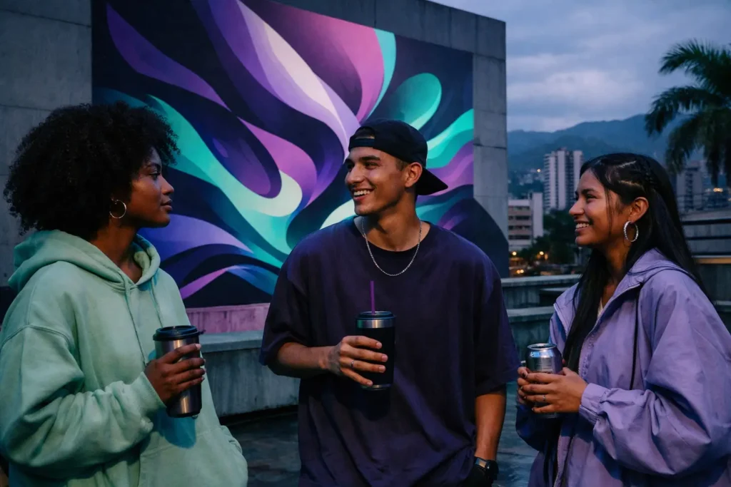 Jóvenes con bebidas de cafeína natural frente a un mural colorido en Medellín, disfrutando del estilo de vida de MATE FLOW.