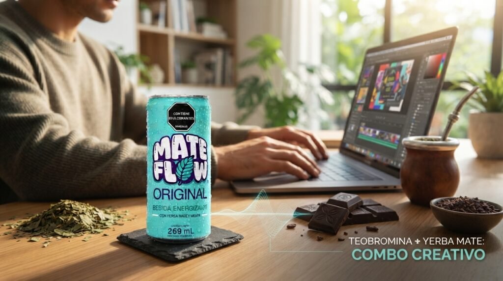 A can of MATE FLOW yerba mate soda on a desk next to a laptop, chocolate, and mate leaves, promoting a creative energy boost for work sessions.