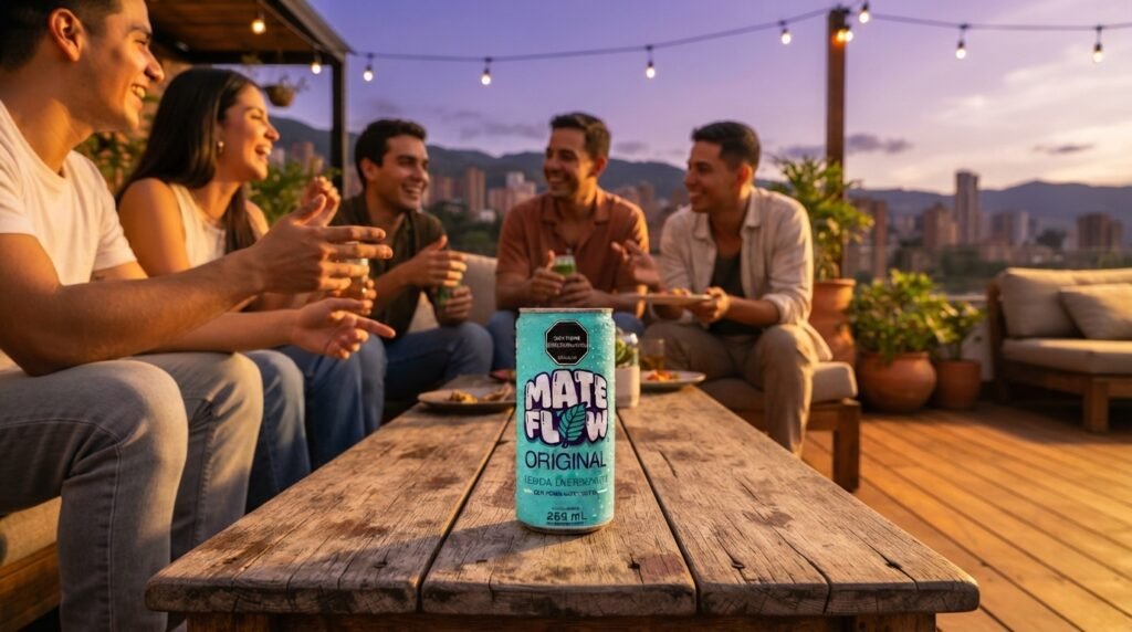 A cold can of MATE FLOW yerba mate soda sits on a wooden table while a group of friends enjoys a refreshing sunset gathering on a city rooftop.